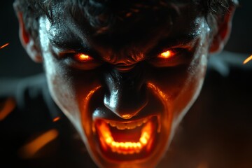 Poster - A close-up of a person face flushed with anger, their brows furrowed, and their mouth open mid-yell, with dramatic lighting emphasizing their expression