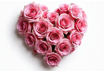 Wall Mural - Heart made of pink roses white background