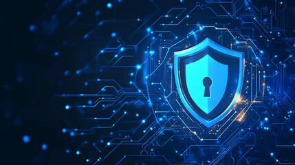 Poster - A blue shield with a padlock inside, illuminated with blue light, surrounded by connecting dots and lines resembling a semiconductor circuit for a high-tech security concept