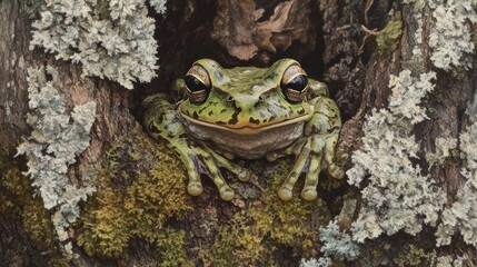 Wall Mural - Green Tree Frog Camouflaged in a Mossy Tree Trunk