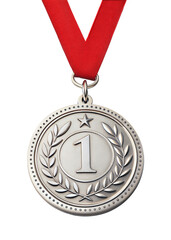 Fototapete - silver Medal for first prize winner with red ribbon, 1st. isolated on transparent background with a clipping path