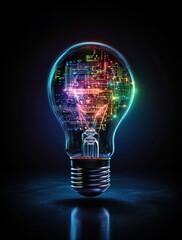Poster - A mesmerizing light bulb filled with vibrant neon circuits, representing the fusion of creativity and technology.
