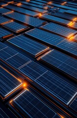 Poster - An aerial view of advanced solar panels illuminated by sleek orange lights.