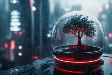 Poster - A cyberpunk-inspired city with a single green tree growing on a rooftop, glowing with neon light as a symbol of hope in a high-tech, urban world