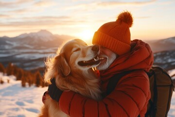 Aufkleber - A dog joyfully jumping up to lick its owner face, the bond of love visible in their shared happiness