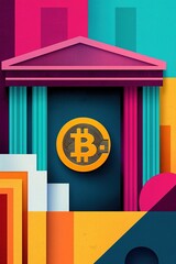 Wall Mural - A colorful, abstract illustration featuring a bank-like structure with a prominent Bitcoin symbol, representing finance and cryptocurrency.