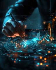 Poster - A hand skillfully details a glowing digital interface, merging technology and creativity.