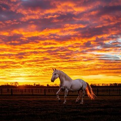 Wall Mural - A majestic white horse walking against a stunning sunset filled with vibrant orange and purple hues, creating a serene and picturesque landscape.