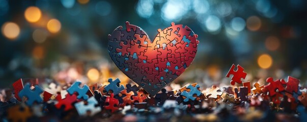 Poster - A beautifully crafted heart-shaped puzzle stands amidst scattered jigsaw pieces, symbolizing the complexity and interconnection of love, surrounded by a dreamy, bokeh background.
