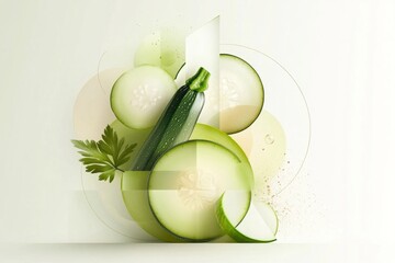 Poster - A flat geometric design of a sliced zucchini arranged in a circular pattern, rendered in shades of green and beige