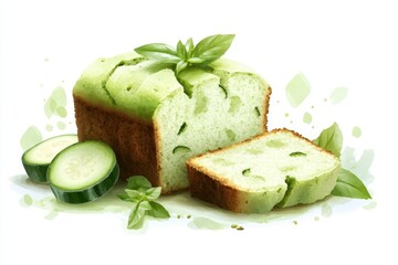Aufkleber - A flat, geometric design of a zucchini bread loaf with a slice leaning against it, rendered in simple green and brown tones