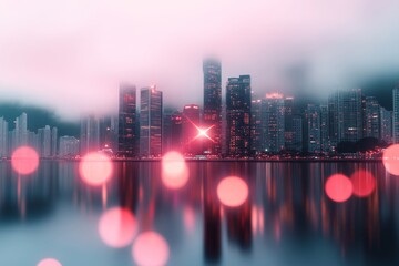 Poster - A futuristic depiction of a glowing city skyline at dawn, with a single beam of light rising into the sky, symbolizing hope and progress