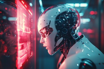 Aufkleber - A futuristic scene of a humanoid robot looking at a flickering holographic screen, its expressionless face glowing faintly with worry in a dark, neon-lit room