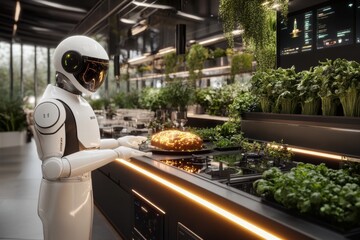 Aufkleber - A futuristic kitchen setting featuring a glowing zucchini bread loaf being created by a robotic chef, surrounded by sleek metallic appliances and holographic displays