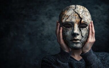 Aufkleber - A haunting representation of identity and emotional depth, this image features a person holding a cracked mask, symbolizing the fragility of self-perception and hidden emotions.