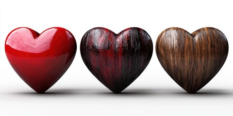 Poster - This image presents three beautifully crafted hearts, each with distinct textures and colors, representing love, passion, and the depth of emotions.