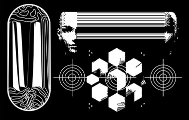 Poster - Brutalism inspired vector graphics collage made with simple geometric shapes, grunge texture, and distrssed  pixelated image of human face. Futuristic poster art and digital print design.