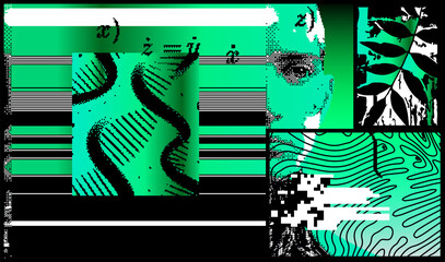 Aufkleber - Brutalism inspired vector graphics collage made with simple geometric shapes, grunge texture, and distrssed  pixelated image of human face. Futuristic poster art and digital print design.