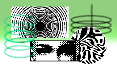 Aufkleber - Brutalism inspired vector graphics collage made with simple geometric shapes, grunge texture, and distrssed  pixelated image of human face. Futuristic poster art and digital print design.
