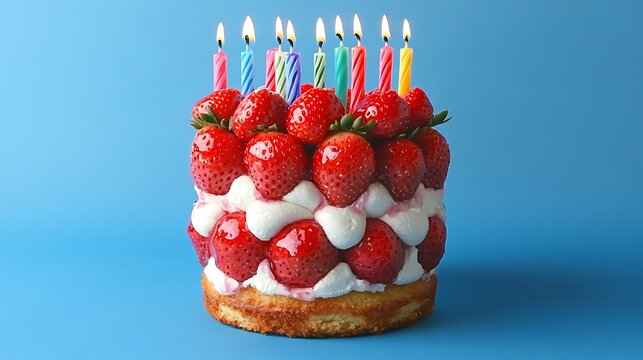 A stunning strawberry shortcake with colorful birthday candles isolated on a bright blue background