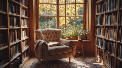 Wall Mural - A cozy library corner with a soft chair and an open book 