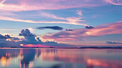 Aufkleber - a serene sunset scene with vibrant colors in the sky and a calm body of water reflecting the sky's hues.