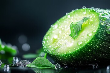 Poster - A hyper-realistic close-up of a freshly harvested zucchini, with its skin glistening under natural light and the texture vividly detailed
