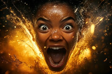 Poster - A hyper-realistic image of a person face lit up with pure joy, with sparkling eyes and a wide smile captured in vivid detail