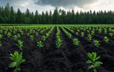 Poster - This image captures the beauty of fresh seedlings sprouting in neat rows across a rich, dark soil backdrop, symbolizing growth and the promise of abundant harvests.