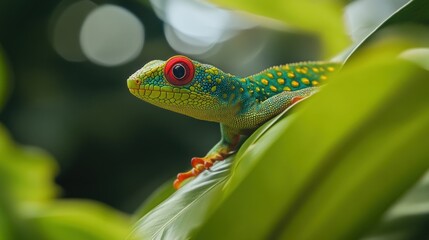 Sticker - Green and Blue Lizard on a Leaf