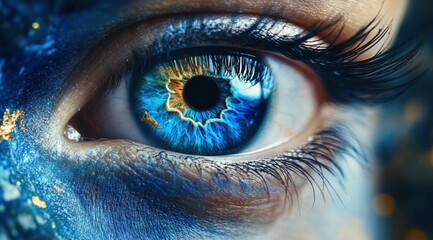 Aufkleber - This striking close-up showcases an intricately detailed eye, featuring vibrant hues of blue and gold, surrounded by artistic facial paint, capturing the essence of creativity and observation.