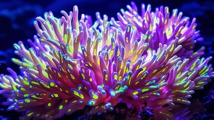 Aufkleber - a colorful coral with a mix of pink, purple, and green hues, set against a dark background.