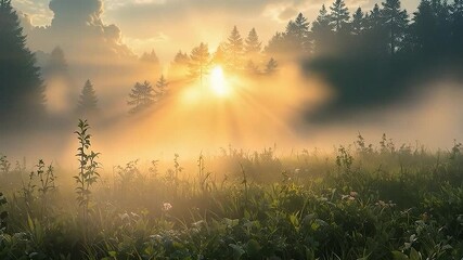 Poster - a serene forest scene with a sunrise breaking through the mist, casting a warm glow over the trees and grass. The sun's rays are visible, creating a beautiful and tranquil atmosphere.