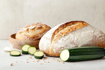 Poster - A minimalist depiction of a zucchini and a loaf of bread side by side, illustrated with simple, bold shapes and earthy tones
