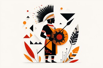 Poster - A minimalist flat design of a Zulu warrior holding a shield and spear, drawn in bold geometric shapes and earthy tones