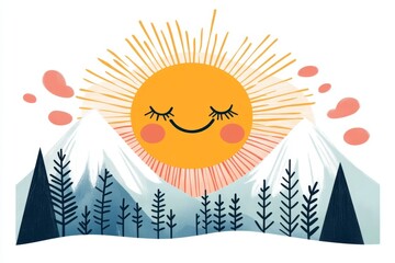 Poster - A minimalist illustration of a smiling sun, with simple lines and warm pastel colors radiating happiness on a white background
