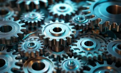 Poster - Detailed view of metallic gears in various sizes showcasing engineering design and industrial applications in a workshop setting