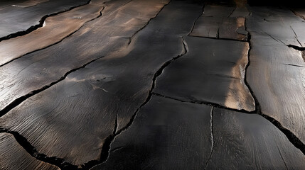 Poster - Cracked, dark surface with a textured pattern and reflections in low light