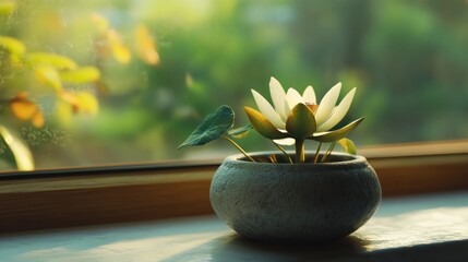 Wall Mural - A Single Lotus in a Stone Pot by a Window