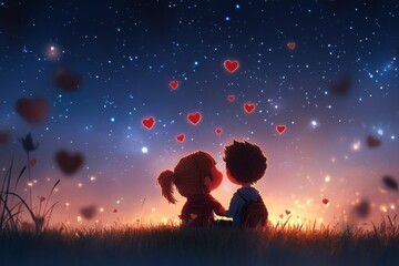 Poster - A pixel art animation of a couple sitting together on a hill under a starry sky, with tiny pixelated hearts floating between them