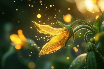 Poster - A pixel art depiction of a zucchini plant in a vibrant garden, with tiny glowing flowers and animated zucchinis swaying gently in the breeze