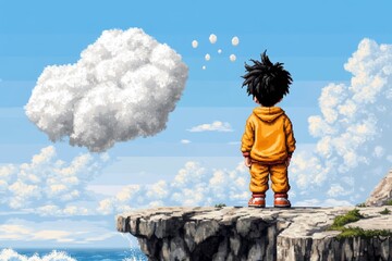 Poster - A pixel art scene of a small character standing at the edge of a cliff, nervously looking down at the pixelated waves crashing below, with sweat drops above their head