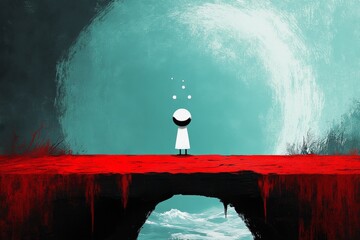 Poster - A pixel art scene of a small character standing at the edge of a cliff, nervously looking down at the pixelated waves crashing below, with sweat drops above their head