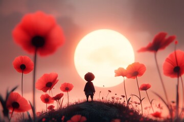 Poster - A pixel art scene of a small character standing on a hill under a rising sun, surrounded by pixelated flowers and a vibrant sky filled with warm tones