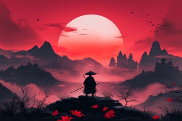 Poster - A pixel art scene of a small character standing on a hill under a rising sun, surrounded by pixelated flowers and a vibrant sky filled with warm tones