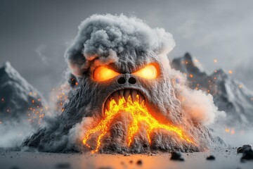Poster - A playful depiction of a volcano erupting, with an angry face drawn into the smoke and lava spilling dramatically, all set on a clean white canvas