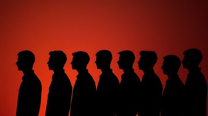 Canvas Print - Eight male silhouettes in a row against a red background.