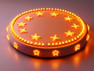 Poster - Circular Blank Sign with Glowing LED Lights and Small Star Around the Edges  Ready for Custom Text