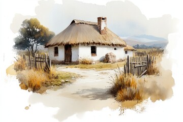 Aufkleber - A simple depiction of a Zulu kraal, with thatched huts and fences drawn in soft pastel shades on a plain beige canvas