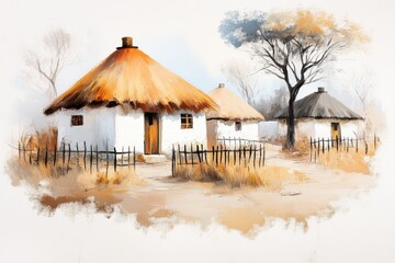 Aufkleber - A simple depiction of a Zulu kraal, with thatched huts and fences drawn in soft pastel shades on a plain beige canvas